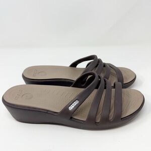 Crocs Wedge Sandals Women’s Size 8 Brown Strappy Slip-On Comfort Shoes